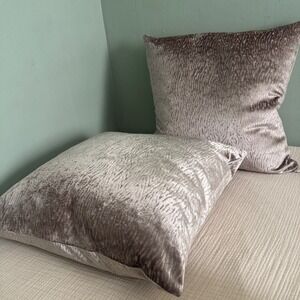 Silver Taupe Cut Velvet Pillows 2pc Set 20x20 Tiger Feather Down Lux Boho Modern
